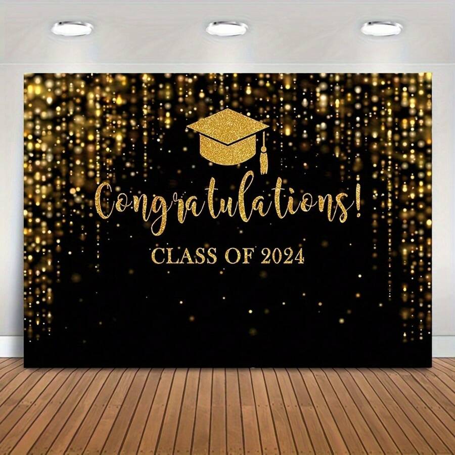 2024 Graduates Background Cloth Black Gold Sparkling Waves Graduation Party Background 2024 Congratulations Graduates Dance Party Cake Table Decoration Photo Booth Props - Multicolor - View 1