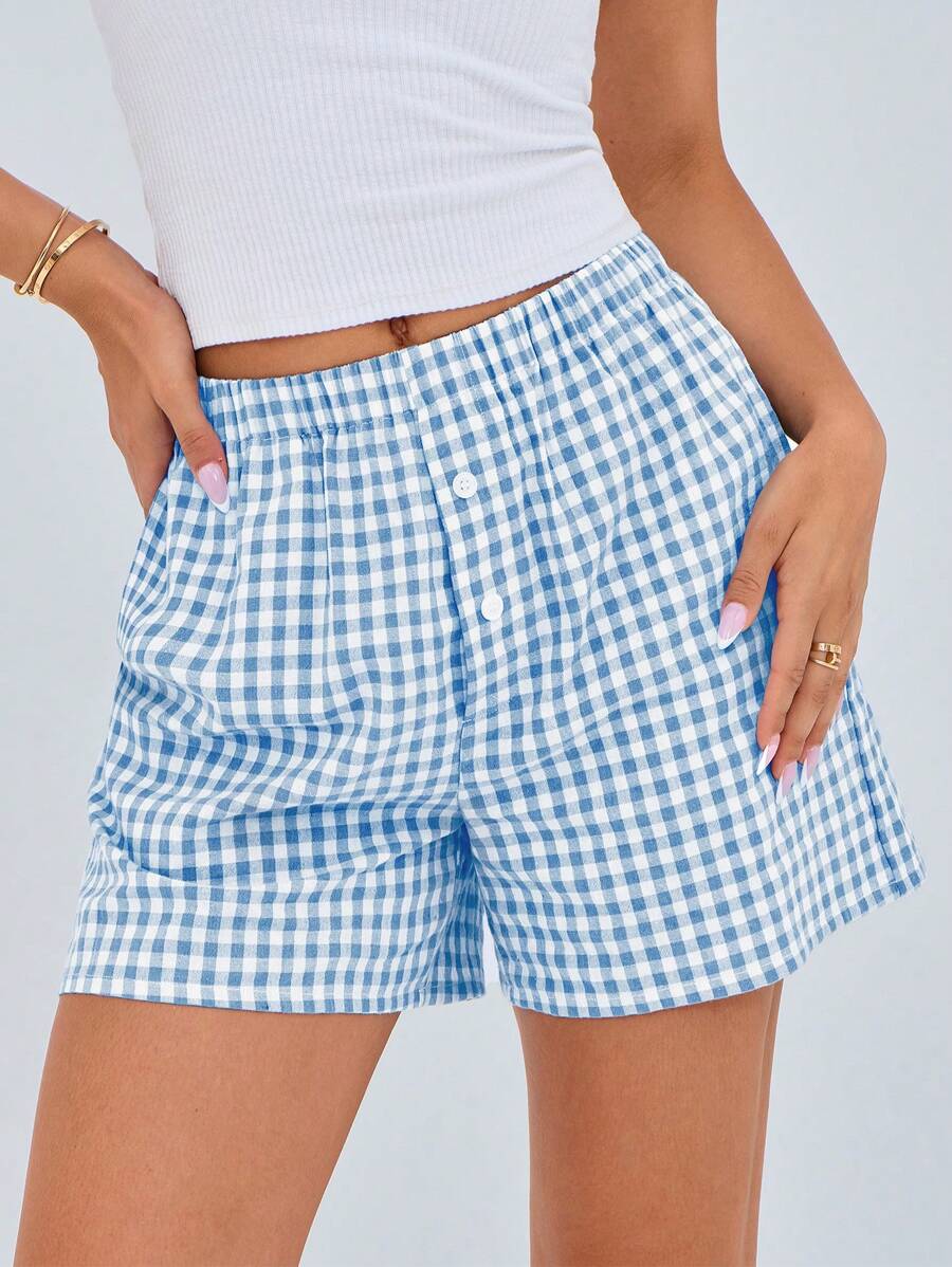 Women's Boxer Shorts Summer Dopamine Casual Home Sleeping Plaid Pj Button Front Y2K Plaid Pajama Shorts - 淺藍 - 查看 1