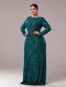 seomiscky 女士加大码长袖亮片装饰紧身连衣裙、晚礼服、派对礼服、婚礼宾客礼服、正式礼服 - 綠色 - 查看 3