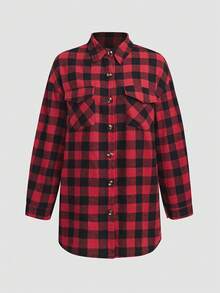 女式格子衬衫夹克，轻便外套，Y2K 返校庆典休闲通勤格纹纽扣前衬衫，休闲长袖翻领百搭衬衫，适合日常休闲、户外、度假穿着，四季皆宜 - 黑紅 - 查看 3