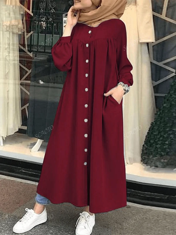 Scacto Vestido largo con falda plisada en línea A, manga farol y cuello redondo de color liso, para uso diario, fiestas en casa y moda modesta, versión holgada