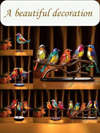 Stained Acrylic Birds On Branch Desktop Ornaments, Flat Double Sided Colorful Birds Tabletop Decorations, Multicolor Hummingbird Craft Statue Bird Figurines Sculpture For Home Decor