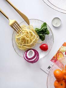 1pc Modern Minimalist Glass Plate For Home & Dining, Transparent Striped Gold Rimmed Dessert, Fruit & Salad Serving Platter