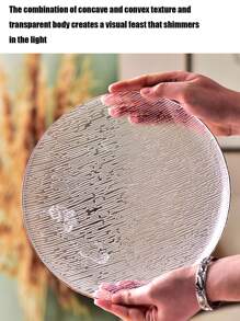 1pc Modern Minimalist Glass Plate For Home & Dining, Transparent Striped Gold Rimmed Dessert, Fruit & Salad Serving Platter