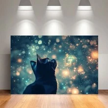 Vintage Cat And Starry Night Canvas Art, Sparkling Stars And Blue Sky, Perfect For Home, Teen Rooms, And Farmhouse Style