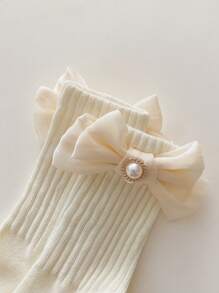 1 Paar Kinder Schulanfang handgemachte Perlenschleife einfarbige Kniestrümpfe für 3-16 Jährige - Beige - Übersicht 3