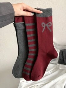 3 / 5 Stücke Ancora rote Socken mit Schleife aus Plüsch für Frauen, knotenlose Söckchen im College-Stil mit großer Schlaufe, mittellange Socken in Grau für den Valentinstag