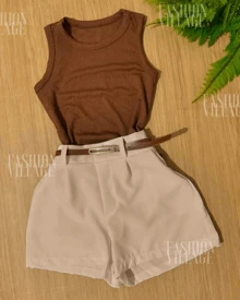 Set 2 Ribbed Tank Top + Beige Tailored Shorts With Belt Fashion Inspiration Blogger 2024 - Rust Brown - View 2