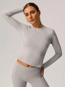 Áo thun thể thao chạy bộ tay dài thường ngày màu trơn dành cho nữ mùa xuân và mùa hè GOSOUER - Xám - Xem 3