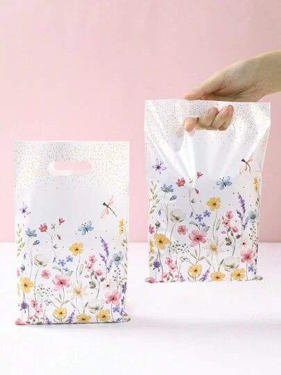 10/25/50Pcs Wild Flowers Gift Bags, Cute Floral Pattern Tote Bags, Handheld Plastic Gift Bags, Gift Wrapping Supplies, Birthday Gift Bag, Birthday Party Decorations, Birthday Gifts Party Favor, Spring Decor, Wedding Decor Birthday Party Supplies, Home Decor Room Decor Table Decor Babe Shower Decor, Gift Packaging Bag Decor