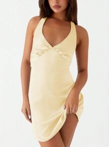 欧美新款夏季细肩带系带深 V 露背派对礼服，性感连衣裙 - 黃色 - 查看 1