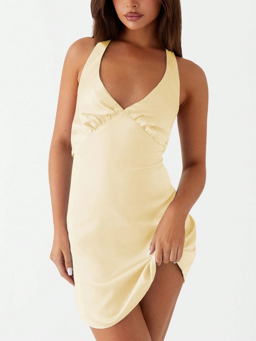 欧美新款夏季细肩带系带深 V 露背派对礼服，性感连衣裙 - 黃色 - 查看 1