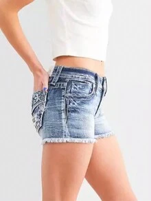 Women's Casual Button Front Pocket Denim Shorts, Everyday Wear - Blue and White - View 3