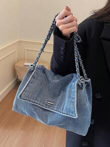 New Fashion Casual Solid Color Washed Canvas Fabric Metal Chain Strap Flap Women's Shoulder Bag