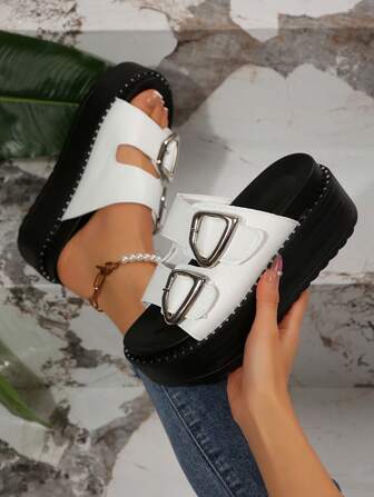 Thick-Sole Slide Sandals With Rhinestones For Women, 2024 Summer New Fashion Outdoor Wear Korean Style Versatile Platform Wedge Slippers