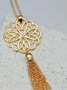 1pc Ins Style Long Tassel Necklace With Hollow Lotus Shaped Pendant For Women, Simple Autumn And Winter Fashion Accessory - Gold - View 3