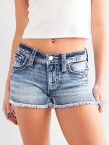 Women's Casual Button Front Pocket Denim Shorts, Everyday Wear - Blue and White - View 2