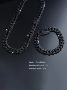 2pcs Black Cuban Link Chain Necklace And Bracelet Set, Men's Chain Necklace Hip Hop Jewelry Set, Fashion Rapper Jewelry, Perfect Gift For Boyfriend, Son And Dad