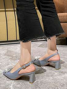 Women's Elegant Satin Rhinestone Buckle Decor Slingback Square Toe Chunky Heels, Graceful & Luxurious, Suitable For Spring/Summer, Occasions, Dates, In Black, Khaki, Green, Brown, Gray