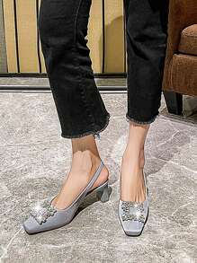 Women's Elegant Satin Rhinestone Buckle Decor Slingback Square Toe Chunky Heels, Graceful & Luxurious, Suitable For Spring/Summer, Occasions, Dates, In Black, Khaki, Green, Brown, Gray