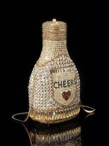 闪闪发光、高贵的香槟瓶晚宴包，闪闪发光、闪亮迷人、优雅奢华的瓶形心形设计女士水晶手拿包水钻欢呼字母手提包晚宴包，闪闪发光的水晶镶嵌手拿包，全手工制作的金属钻石晚宴钱包适合派对和宴会（不能放手机）