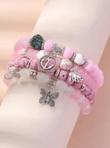 4 件套波西米亚风格蝴蝶水晶多层珠时尚手链，适合女孩 - 均碼 - 查看 3