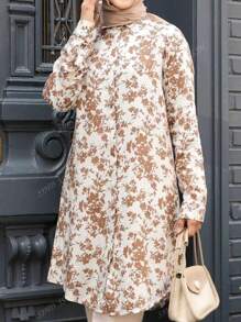 Blouse décontractée à manches longues avec imprimé floral tout-sur-tout, modeste, pour femmes
