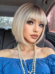 时尚女士假发 10 英寸渐变白金色短直鲍勃假发，带刘海，时尚优雅女士假发，非常适合度假、旅行、家庭聚会、日常佩戴 - 漸層 - 查看 2