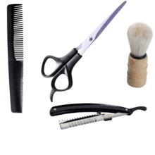 Kit Barba Tesoura Pente Navalhete Pincel Profissional 4 Peças C02 - Preto - Visão 1