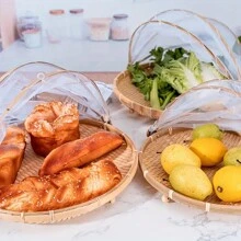 1 pieza Bandeja de cesta de servicio de alimentos tejida a mano, Cubierta de frutas para exteriores, Cesta de almacenamiento tejida de bambú contra insectos, Herramienta de pala para picnic