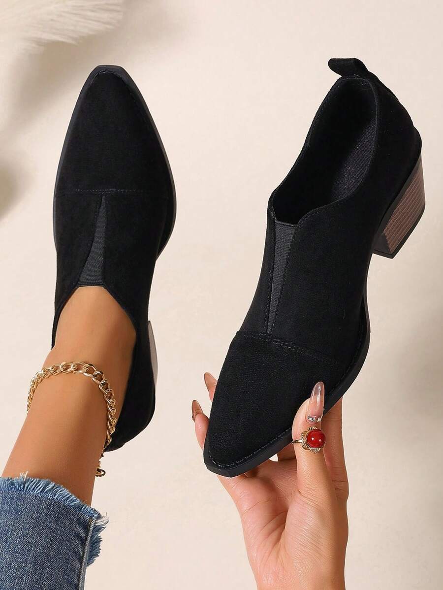 Retro British Style Slip-On Plus Size Black High Heel Pumps, Elastic Design, Pointed Toe Chunky Heel, Versatile For Spring Autumn,Elegant,Loafers