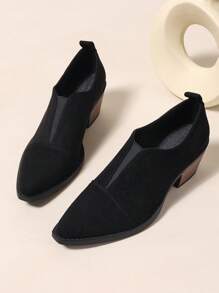 Retro British Style Slip-On Plus Size Black High Heel Pumps, Elastic Design, Pointed Toe Chunky Heel, Versatile For Spring Autumn,Elegant,Loafers - Black - View 3