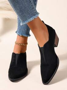 Retro British Style Slip-On Plus Size Black High Heel Pumps, Elastic Design, Pointed Toe Chunky Heel, Versatile For Spring Autumn,Elegant,Loafers - Black - View 6