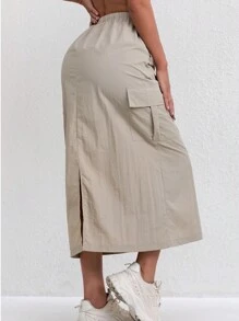 Americana Women's Cargo Skirt, Vintage Style, Lightweight Breathable Fabric, Multiple Pockets, A-Line, High Waist, Slit, Slimming