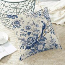 2 pièces/4 pièces Housses de coussin imprimées de fleurs chinoises, housses de coussin décoratif vintage bleu et blanc pour canapé et lit, imprimées sur un seul côté, sans insert de coussin inclus - Bleu et Blanc - Voir 5