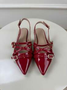 Slingback Comfortable Casual Everyday Pointed Toe Modern Soft Flats - 紅色清漆 - 查看 3