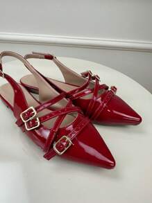 Slingback Comfortable Casual Everyday Pointed Toe Modern Soft Flats - 紅色清漆 - 查看 2