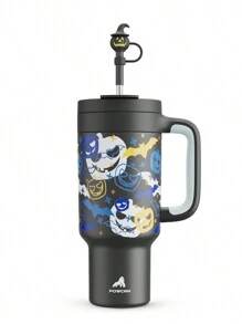 1pc 40oz Halloween Tumbler With Handle, Insulated Water Bottle, 2-In-1 Straw And Sip Lid, Insulated Stainless Steel Travel Mug, Keeps Cold For 34 Hours Or Hot For 10 Hours, Valentine's Day Gifts, Suitable For Outdoor Camping And Car Travel - 黑色 - 查看 1