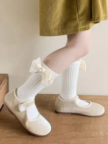 1 Paar Kinder Schulanfang handgemachte Perlenschleife einfarbige Kniestrümpfe für 3-16 Jährige - Beige - Übersicht 6