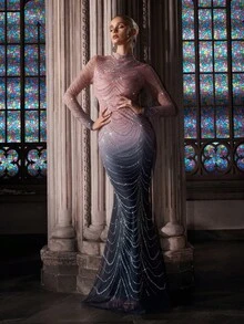 QOQ 梦幻烫钻渐变色长袖女士鱼尾礼服，适合宴会、晚会