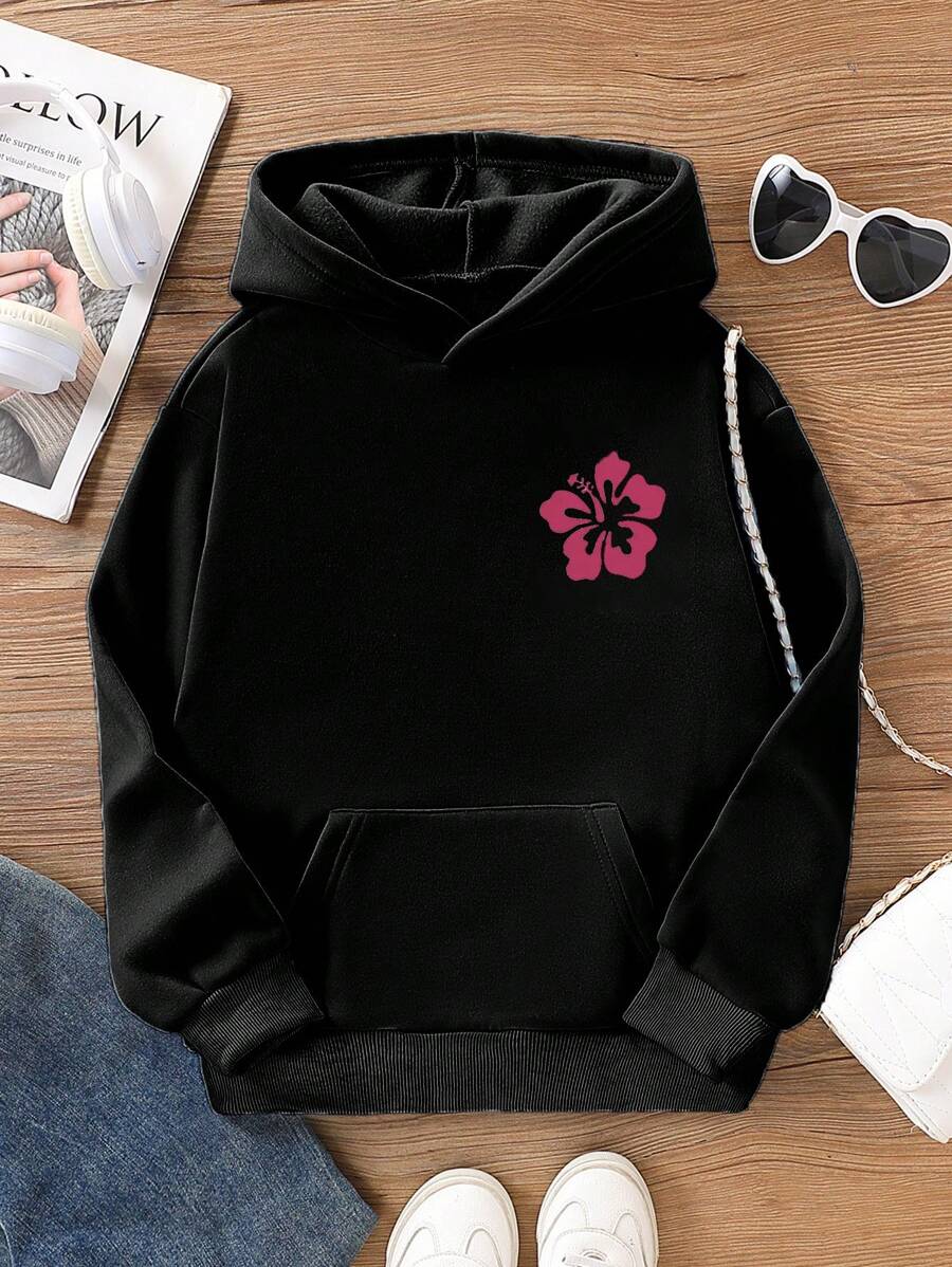 Tween Girl Hooded Printed Sweatshirt, Pocket Sweatshirt, Printed Design - Black - View 1