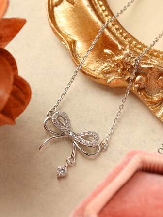 1 pieza Collar con colgante de lazo de doble capa de plata de ley 925, adecuado para uso diario, fiestas y ceremonias, mejor regalo para pareja o amigo