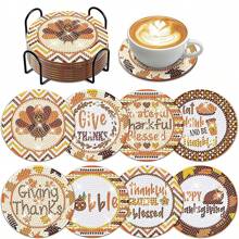 8 件/套日落海景、向日葵、复古汽车、星空、字母设计水钻彩绘杯垫、带支架的闪光钻石耐热饮料垫、适合初学者和成人的 DIY 杯垫工艺品、钻石艺术礼物 - 彩色 - 查看 10