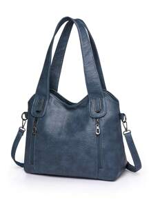 Fashionable Solid Color Leather Handbag, Vintage PU Crossbody Hobo Bag, Large Capacity Women's Shoulder Bag For Daily Travel & Work, Front & Back Zipper Pockets, New Arrival Tote Bags For Woman - Blue - View 6