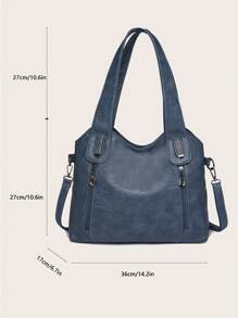 Fashionable Solid Color Leather Handbag, Vintage PU Crossbody Hobo Bag, Large Capacity Women's Shoulder Bag For Daily Travel & Work, Front & Back Zipper Pockets, New Arrival Tote Bags For Woman - Blue - View 3