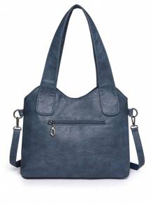 Fashionable Solid Color Leather Handbag, Vintage PU Crossbody Hobo Bag, Large Capacity Women's Shoulder Bag For Daily Travel & Work, Front & Back Zipper Pockets, New Arrival Tote Bags For Woman - Blue - View 5