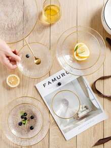 1pc Modern Minimalist Glass Plate For Home & Dining, Transparent Striped Gold Rimmed Dessert, Fruit & Salad Serving Platter