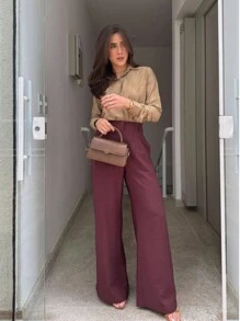 JEMMY MODA Women's LYOCELL Woven Wide Leg Pants, Casual Pocket, WITH BELT - 黏土紅 - 查看 1