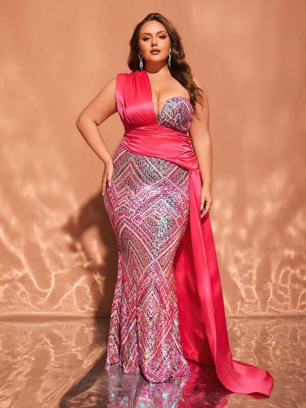 فستان رسمي طويل بقصة الفستان V الرقبة باللون الأحمر الوردي المنقط باللاميع للمقاسات الكبيرة (تصميم زهري غير موضعي، أنماط عشوائية)