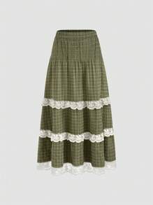 女式复古纹理格子蕾丝拼布分层休闲 A 字裙，自然风情